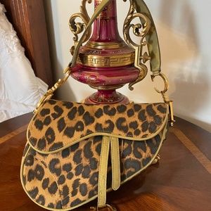 Luxury Rare Christian Dior RiveGauche Paris IconicOstrich trim Leopard SaddleBag